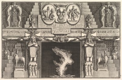 Chimenea en estilo egipcio: Grupos de tres desnudos femeninos en la base de cada j..., ca. 1769 de Giovanni Battista Piranesi