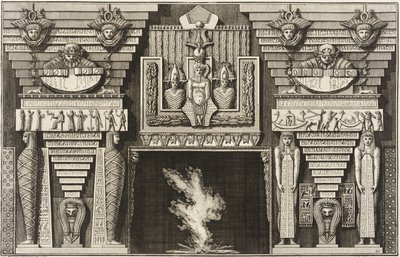 Chimenea de estilo egipcio: dos momias de perfil a la izquierda y dos figuras que llevan obeliscos a la derecha. de Giovanni Battista Piranesi
