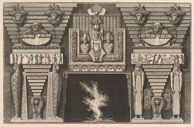 Chimenea en estilo egipcio: Dos momias de perfil a la izquierda y dos figuras... de Giovanni Battista Piranesi