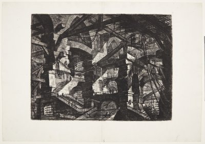 Grupos complejos de arcos en ruinas interrelacionados que sostienen vigas y cuerdas de Giovanni Battista Piranesi