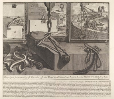 Panel de demostración que muestra la técnica para levantar bloques de travertino y mármol para la con..., 1756 de Giovanni Battista Piranesi
