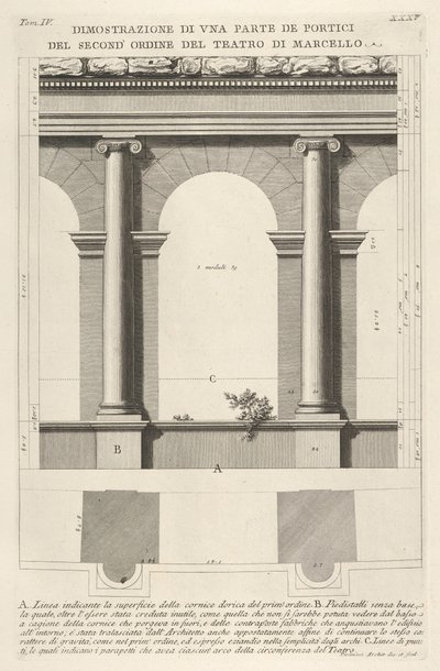Elevación y plano del pórtico de segundo orden en el Teatro de Marcelo, 1756 de Giovanni Battista Piranesi
