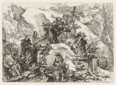 Groteschi: Ruinas con cabeza de muerte y esqueleto de Giovanni Battista Piranesi
