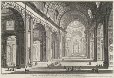 Interior van de Sint-Pietersbasiliek te Vaticaanstad Vista interior de la Basílica de San Pedro en el Vaticano (título sobre objeto) Gezichten op Rome (título de la serie) Vistas de Roma diseñadas y grabadas por el arquitecto Giambattista Piranesi Ve (nez) de Giovanni Battista Piranesi
