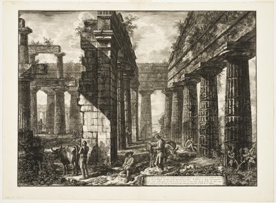 Vista interior de los restos de uno de los pronaos del Templo de Neptuno que mira hacia el interior, de Diferentes vistas de Paestum de Giovanni Battista Piranesi