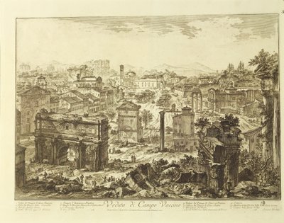 Italia, Roma, vista del Campo Vaccino (Foro Romano) con el Arco de Septimio Severo (grabado) de Giovanni Battista Piranesi