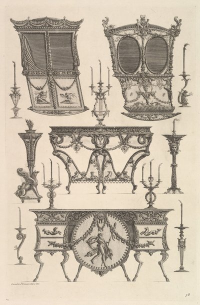Mobiliario diverso incluyendo dos sillas de manos, una mesa auxiliar y una cómoda, ca. 1769 de Giovanni Battista Piranesi