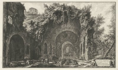 Ninfeo van Egeria bij Roma Vista de la fuente y las Cuevas de Egipto fuera de la Porta Capena o di S. Seb.no (...) (título sobre el objeto) Gezichten op Rome (título de la serie) Vistas de Roma diseñadas y grabadas por el arquitecto Giambattista Piranesi V de Giovanni Battista Piranesi