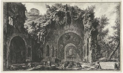 Ninfeo van Egeria bij Roma Vista de la fuente y las Cuevas de Egipto fuera de la Porta Capena o di S. Seb.n (...) (título sobre el objeto) Gezichten op Rome (título de la serie) Vistas de Roma diseñadas y grabadas por el arquitecto Giambattista Piranesi Ve de Giovanni Battista Piranesi