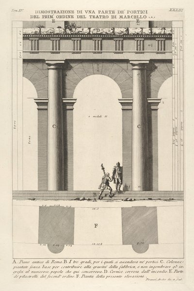 Elevación parcial y plano del pórtico de primer orden en el Teatro de Marcelo de Giovanni Battista Piranesi