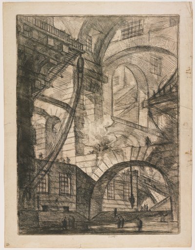 Perspectiva de arcos, con un fuego humeante, Placa 6 de Carceri d