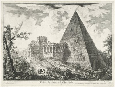 Pirámide de Cestio de Roma Vista de la Tumba de Cajo Castio (título sobre objeto) Gezichten op Rome (título de la serie) Vistas de Roma diseñadas y grabadas por el arquitecto Giambattista Piranesi Ve (nez) iano (título de la serie) de Giovanni Battista Piranesi