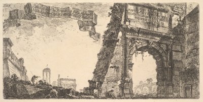 Placa 6: 1. Arco de Tito. 2. Villa Farnese. 3. Columnas del Templo de Júpiter, ca. 1748 de Giovanni Battista Piranesi