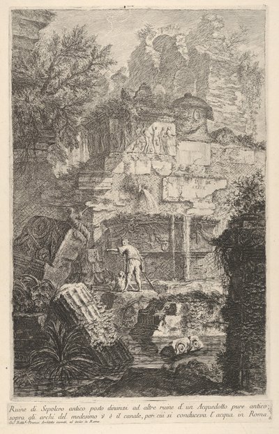 Placa 6: Ruinas de una antigua tumba frente a ruinas de un antiguo acueducto de Giovanni Battista Piranesi