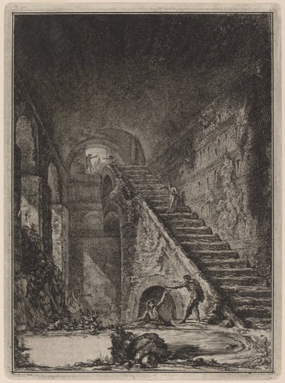 Perspectiva de la escalera de la conserva de agua de los ya mencionados alojamientos, señalados en el plano en la Tav. XIII con la letra G. de Giovanni Battista Piranesi