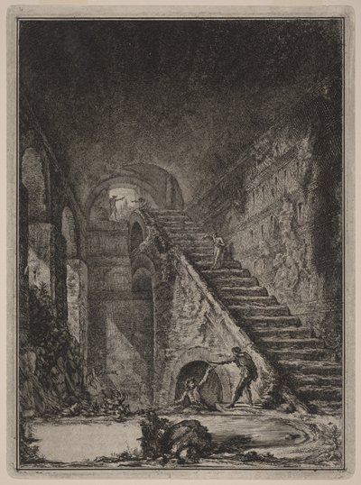 Perspectiva de la escalera del depósito de agua de los alojamientos ya mencionados, señalados en planta en la lámina XIII con la letra G. de Giovanni Battista Piranesi