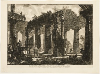 Vista trasera de los restos del pronaos del Templo de Neptuno, dibujado en las dos placas anteriores, de Diferentes vistas de Paestum de Giovanni Battista Piranesi