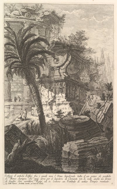 Restos de edificios antiguos entre los que se encuentra la urna sepulcral de Marco Agripa, ca. 1750 de Giovanni Battista Piranesi