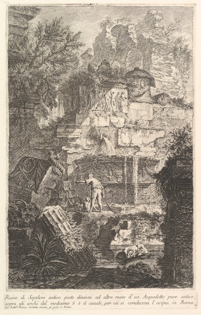 Ruinas de una antigua tumba frente a las ruinas de un antiguo acueducto de Giovanni Battista Piranesi