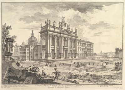 S. Giovanni in Laterano, fachada principal, con el Palacio y la Scala Santa a la derecha Veduta..., ca. 1749 de Giovanni Battista Piranesi