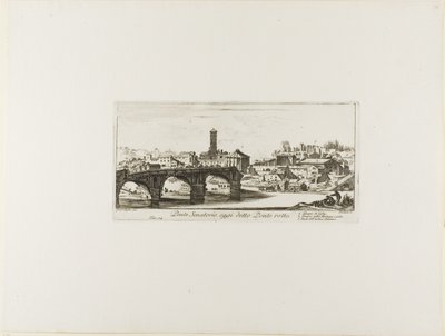 Puente Senatorial, hoy llamado Ponte Rotto [Puente Roto]. 1. Templo de Vesta. 2. Templo de Fortuna Virilis. 3. Parte del antiguo Palatino, lámina 14 de Algunas vistas de arcos de triunfo y otros monumentos. de Giovanni Battista Piranesi
