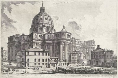 Sint-Pietersbasiliek vanaf Plaza de la Sacristía Vista del exterior de la gran Basílica de San Pedro en el Vaticano (título sobre objeto) Gezichten op Rome (título de la serie) Vistas de Roma diseñadas y grabadas por el arquitecto Giambattista Piranesi Ve  de Giovanni Battista Piranesi