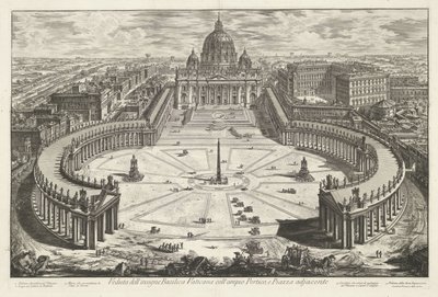 Sint-Pietersplein met de Sint-Pietersbasiliek te Vaticaanstad Vista de la famosa basílica del Vaticano con su gran pórtico y la plaza adyacente (título sobre el objeto) Gezichten op Rome (título de la serie) Arco Vistas de Roma diseñadas y grabadas por Gia de Giovanni Battista Piranesi
