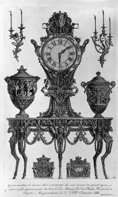 Mesa y decoraciones para el obispo Batta Rezzonico, sobrino y mayordomo de Clemente XIII. Dibujo de Giovanni Piranesi (conocido como Piranese) (1720-1778). de Giovanni Battista Piranesi