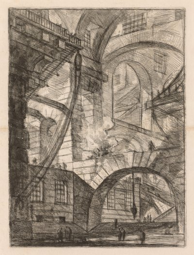 Las prisiones: Una perspectiva de arcos con un fuego humeante de Giovanni Battista Piranesi