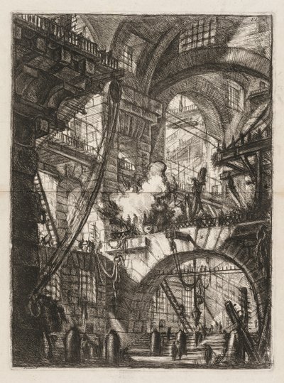 Las prisiones: Una perspectiva de arcos con un fuego humeante en el centro de Giovanni Battista Piranesi
