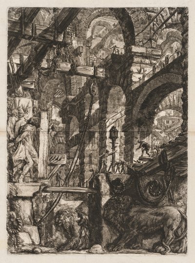 Las prisiones: Una perspectiva de arcos romanos, con dos leones tallados en relieve..., 1745-50 de Giovanni Battista Piranesi