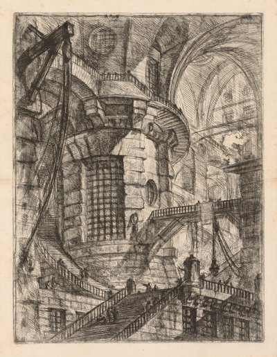 Las prisiones: Un edificio abovedado con una columna central con ventana enrejada de Giovanni Battista Piranesi