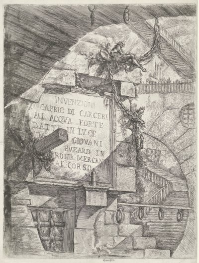 Impresión de título con cara en mazmorra y título en la pared Mazmorras (título de la serie) Invenzioni Capric di Carceri all Acqua Forte (título de la serie sobre el objeto) de Giovanni Battista Piranesi
