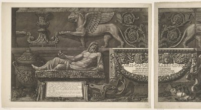Título impreso con esculturas, relieves tallados y un sarcófago con título
Jarrones, candelabros, lápidas, sarcófagos, trípodes, lámparas y adornos diseñados y grabados por Giovanni Battista Piranesi (título de la serie)
Vasi, candelabros, cippi, sarcófa de Giovanni Battista Piranesi