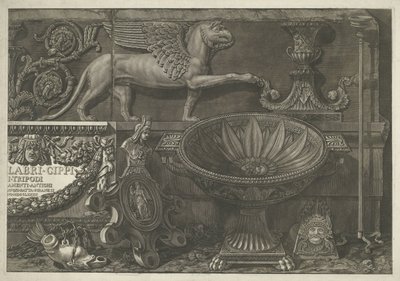 Grabado de título con esculturas, relieves tallados y sarcófago titulado (parte derecha) Jarrones, candelabros, lápidas, sarcófagos, trípodes, lámparas y adornos diseñados y grabados por Giovanni Battista Piranesi (título de la serie) Vasi, candelabros, c de Giovanni Battista Piranesi