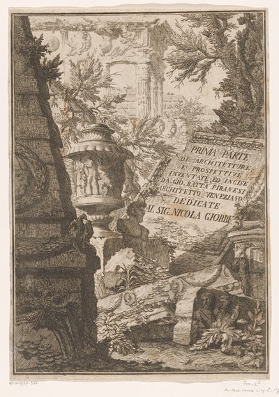 Impresión de título con título sobre bloque de mármol en un paisaje con ruinas Primera parte de Arquitectura y perspectivas (título de la serie) Prima parte di architetture e prospective inventate, ed incise da Gio. Batta Piranesi architetto Veneziano (tít de Giovanni Battista Piranesi