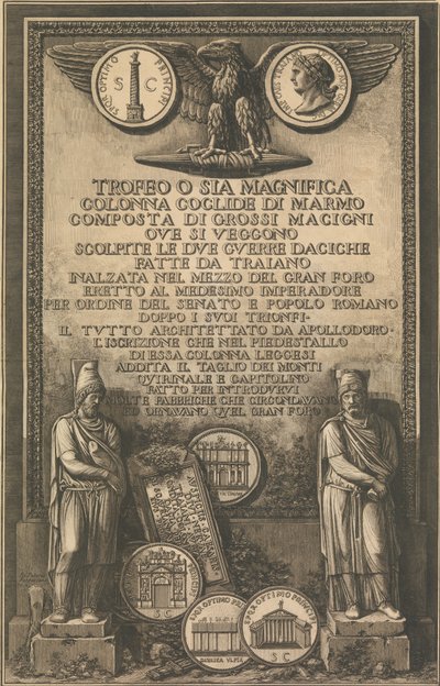 Página de título con águila, moneda con imagen de la Columna de Trajano, esculturas clásicas de Giovanni Battista Piranesi