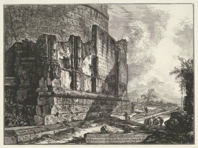 Tumbas van Plautius Lucanus Vista de los restos de la tumba de la familia Plauzia en via Tiburtina, cerca del puente de Lugano, a dos millas de Tivoli (título sobre el objeto) Gezichten op Rome (título de la serie) Vistas de Roma diseñadas y grabadas por G de Giovanni Battista Piranesi
