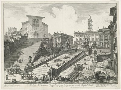 Trappen cerca de la Piazza del Campidoglio en de Santa Maria in Aracoeli te Rome Vista del Campidoglio Romano con Escalera que conduce a la Iglesia de Araceli (título sobre el objeto) Gezichten op Rome (título de la serie) Vistas de Roma diseñadas y grabad de Giovanni Battista Piranesi
