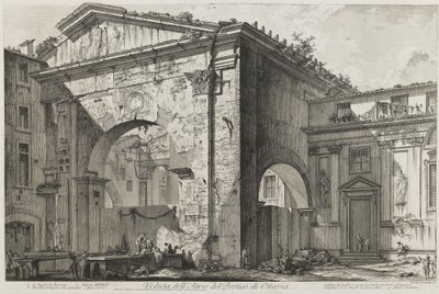 Vista del atrio del Pórtico de Octavia (El Pórtico de Octavia: el pórtico de entrada, exterior) de Giovanni Battista Piranesi