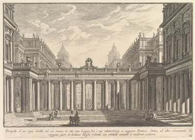 Vista de un patio con una logia, fuentes, estatuas y otros adornos, ca. 1750 de Giovanni Battista Piranesi