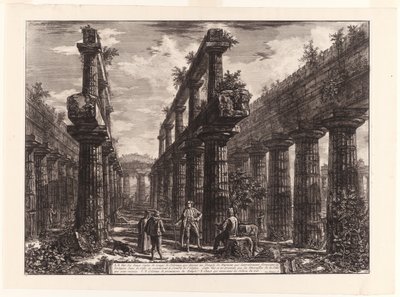 Vista de los restos de las dos filas de columnas en el Templo de Neptuno que [originalmente] formaban las columnatas a lo largo de los lados de la cella y sostenían la parte superior del techo, de Diferentes vistas de Paestum de Giovanni Battista Piranesi