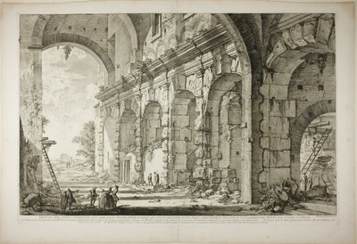 Vista del piso superior de las jaulas para animales salvajes construidas por el emperador Domiciano, asociadas con el Anfiteatro Flavio y comúnmente llamadas la Curia Hostilia, de Vistas de Roma de Giovanni Battista Piranesi