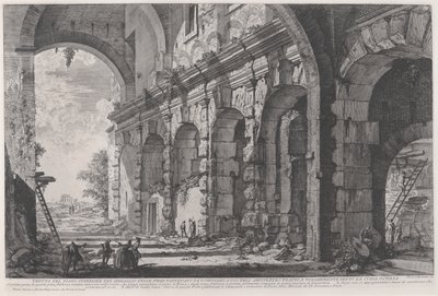 Vista del piso superior de las jaulas para animales salvajes construidas por el emperador Domiciano, asociadas con el Anfiteatro Flavio y comúnmente llamadas Curia Hostilia de Giovanni Battista Piranesi