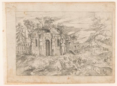 Paisaje con templo antiguo con cariátides de Giovanni Battista Pittoni (I) (attributed to)
