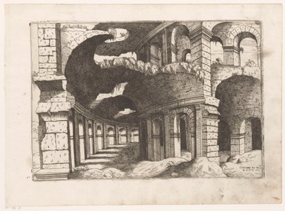 Vista del Coliseo en Roma
Colossaei ro pros.us (título en el objeto)
Ruinas romanas (título de la serie)
Praecipua aliquot Romanae Antiquitatis Ruinarum Monimenta (...) (título de la serie) de Giovanni Battista Pittoni (I)