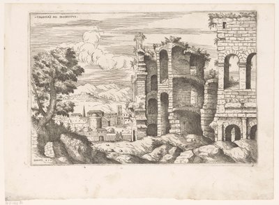 Vista del Coliseo y sus alrededores en Roma
Prospecto de Colossaei ro (título en el objeto)
Ruinas romanas (título de la serie)
Praecipua aliquot Romanae Antiquitatis Ruinarum Monimenta (...) (título de la serie) de Giovanni Battista Pittoni (I)