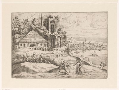 Paisaje con ruinas antiguas y el Coloso de Rodas Paisajes con ruinas (título de serie) de Giovanni Battista Pittoni (I)