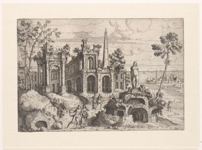 Paisaje con ruinas antiguas, escultura y obelisco. Paisajes con ruinas (título de serie) de Giovanni Battista Pittoni (I)