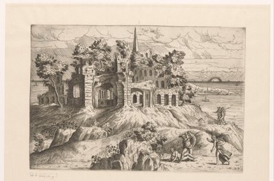 Paisaje con ruinas en el paseo marítimo y un sol naciente o poniente
Paisajes con ruinas y arquitectura de fantasía y figuras con trajes antiguos y exóticos (título de la serie) de Giovanni Battista Pittoni (I)